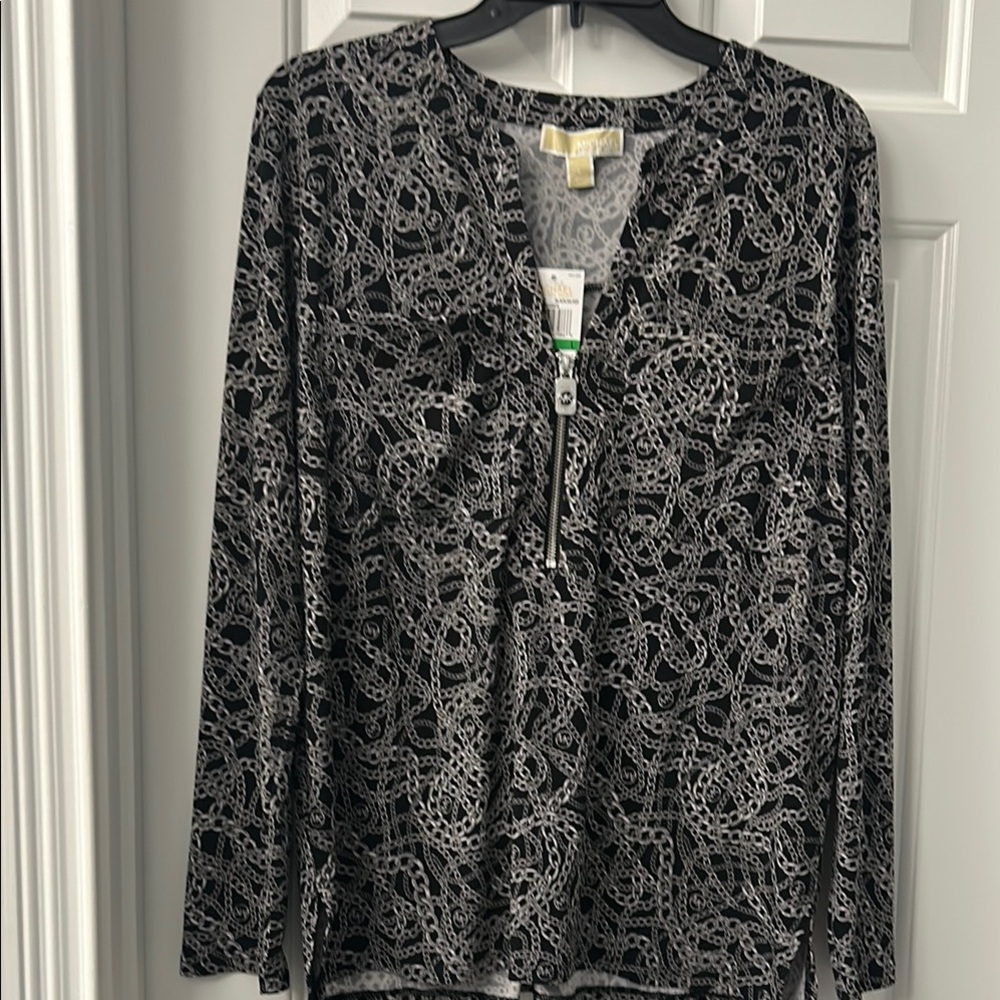 MICHAEL Michael Kors Graphic Black and Gray Blouse with Mandarin Collar